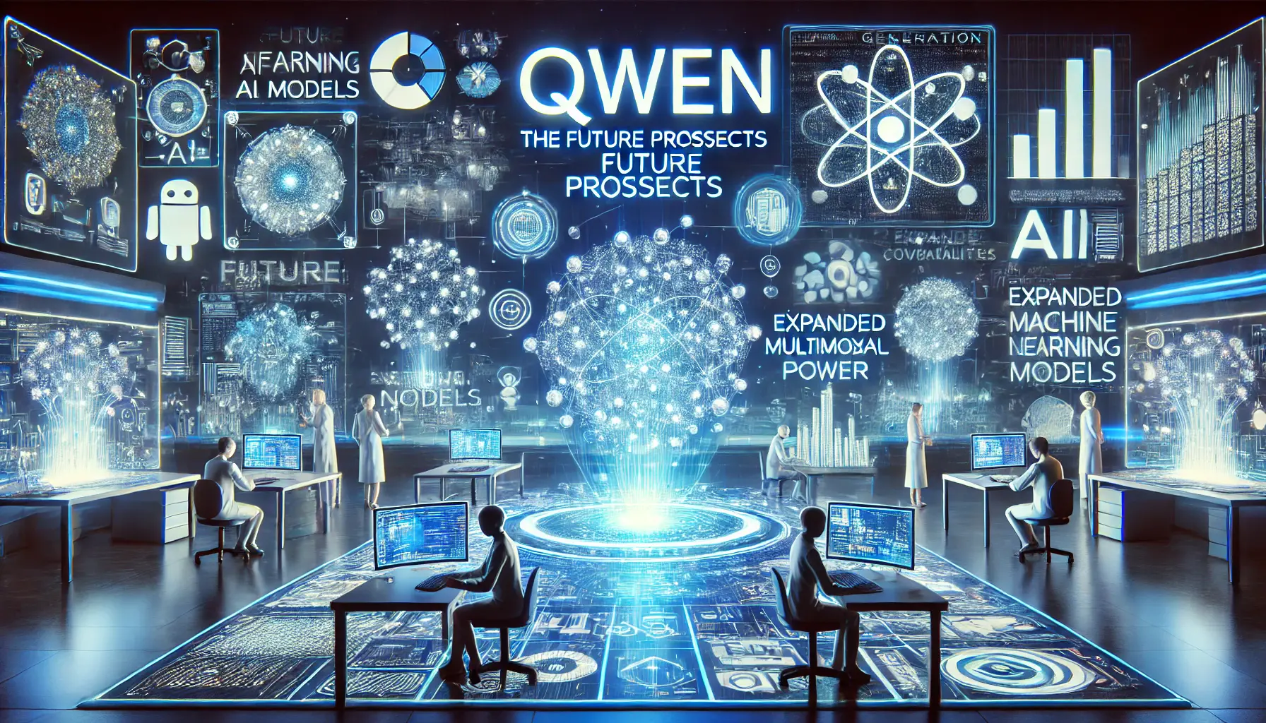 A high-tech digital scene depicting the future prospects for Qwen, showcasing advanced AI models and technologies.