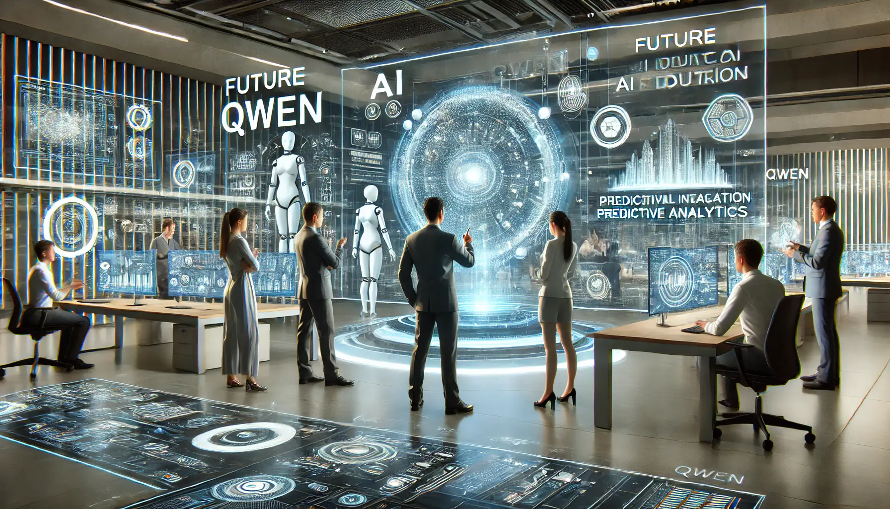 A futuristic AI research lab where professionals explore the future prospects of Qwen, working with holographic displays and advanced AI interfaces.