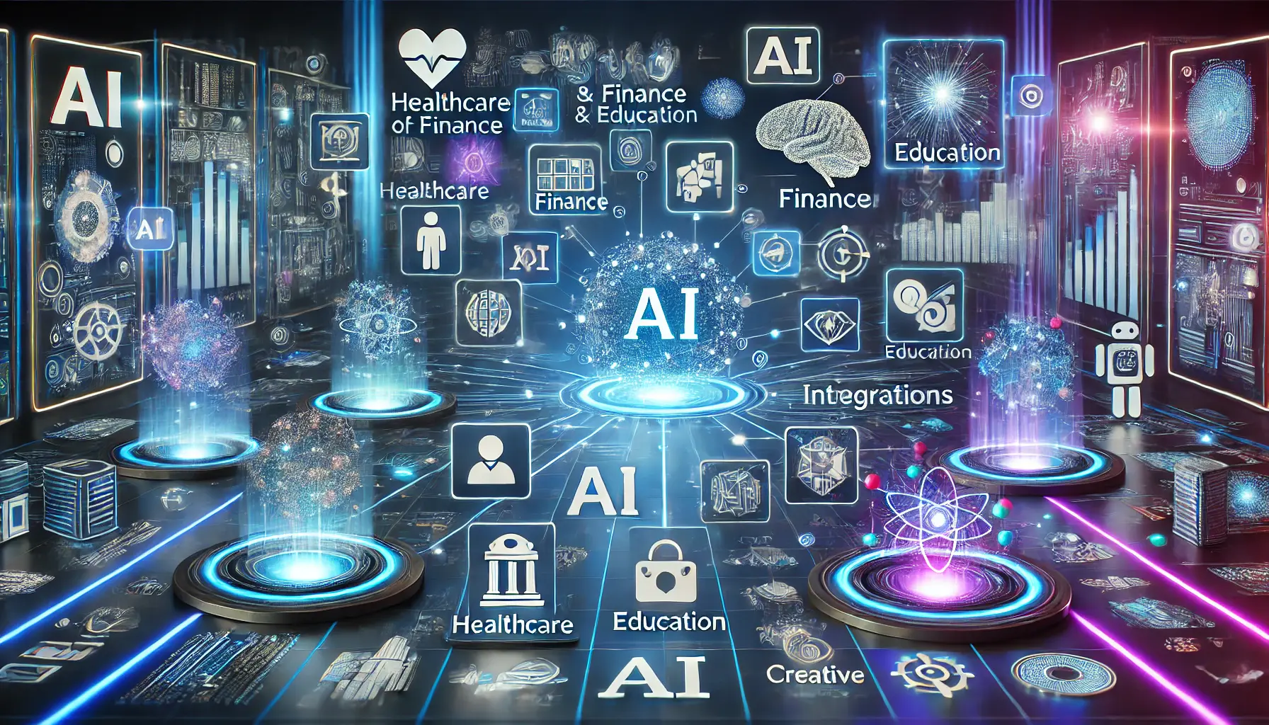 A high-tech digital environment showcasing various industries integrating AI, with holographic displays representing healthcare, finance, education, and creative fields.