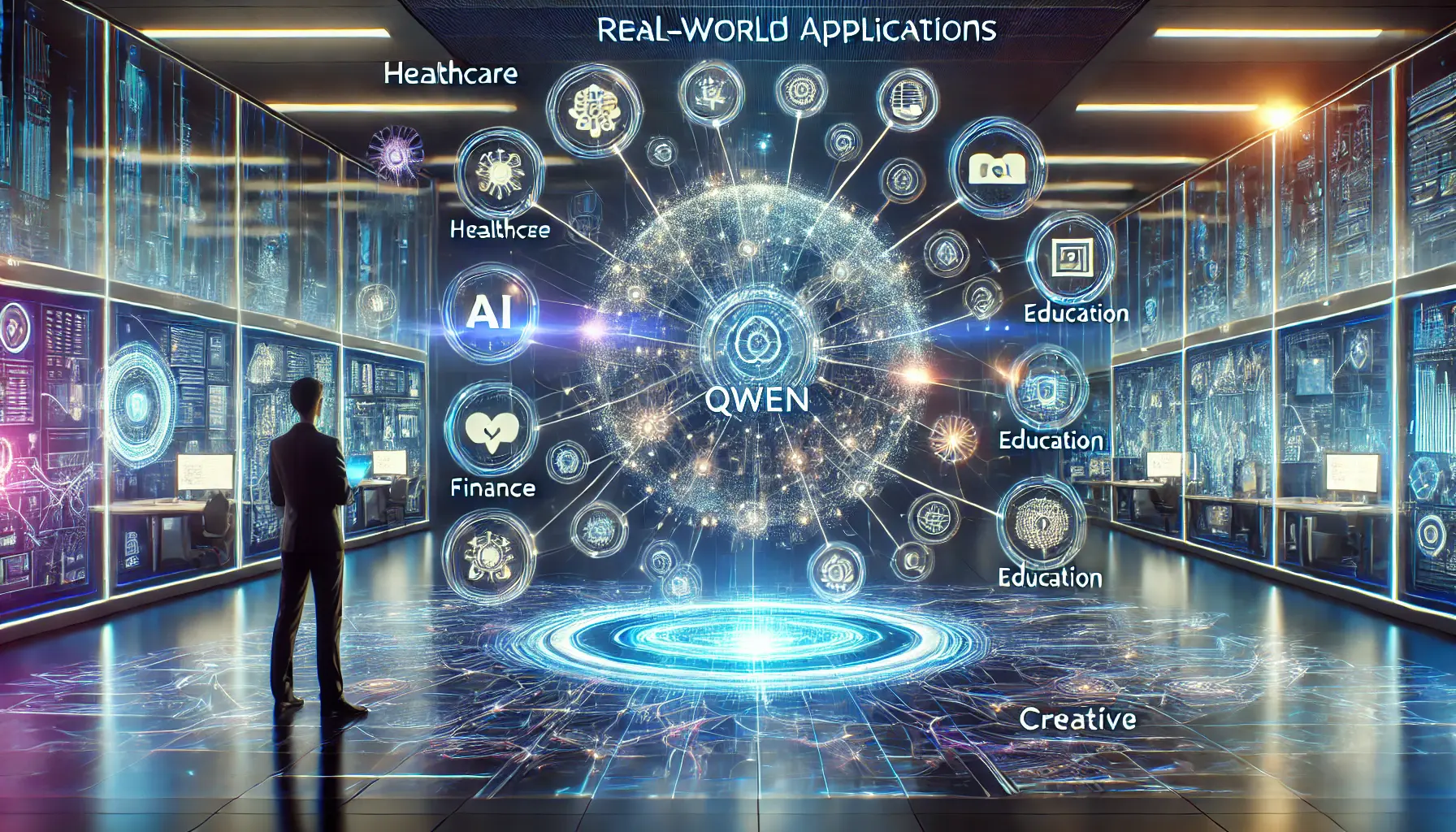 A high-tech digital environment showcasing real-world applications of Qwen in industries like healthcare, finance, education, and creativity.