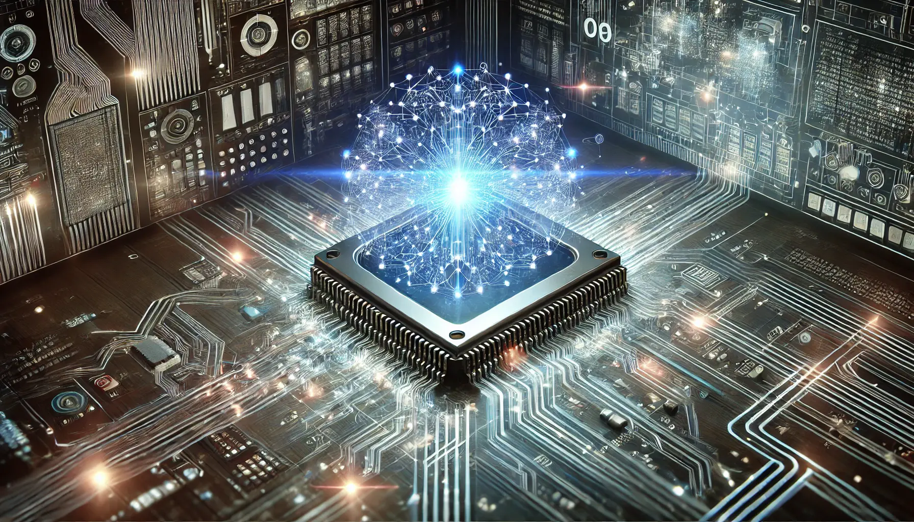 A high-tech digital representation of AI architecture featuring a glowing neural network with interconnected nodes and a holographic AI processor chip emitting a blue glow.