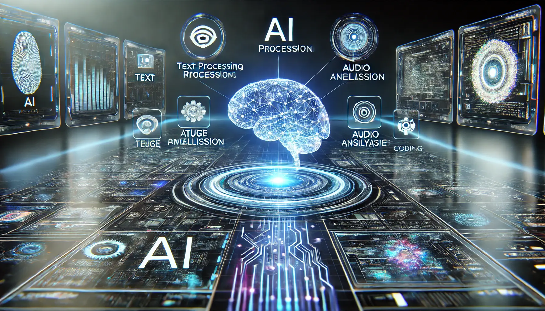 A high-tech digital interface displaying AI capabilities such as text processing, image recognition, audio analysis, and coding assistance, interconnected by a glowing neural network.