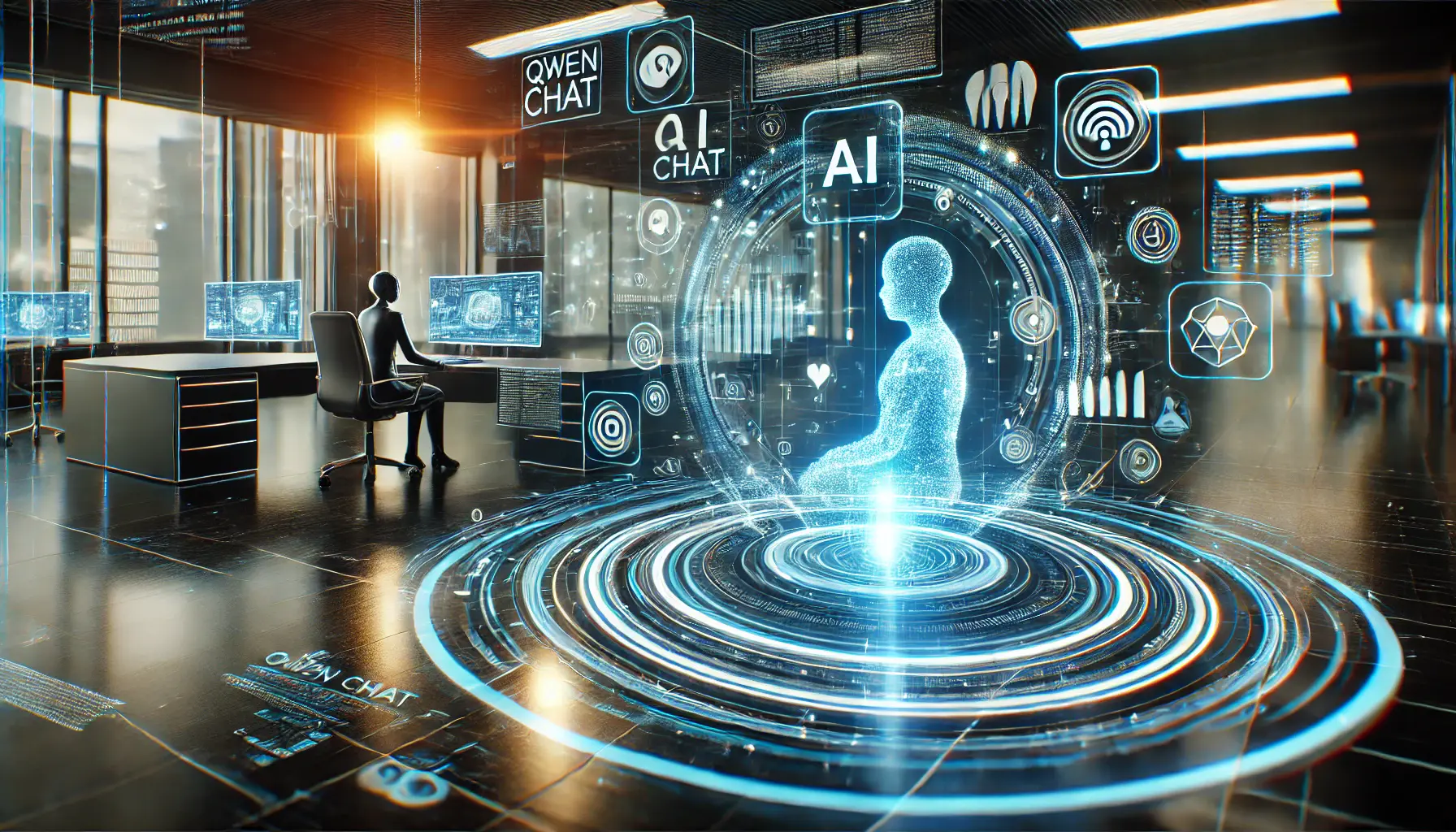 A high-tech digital interface showing real-time communication with an AI system through a holographic chat interface.