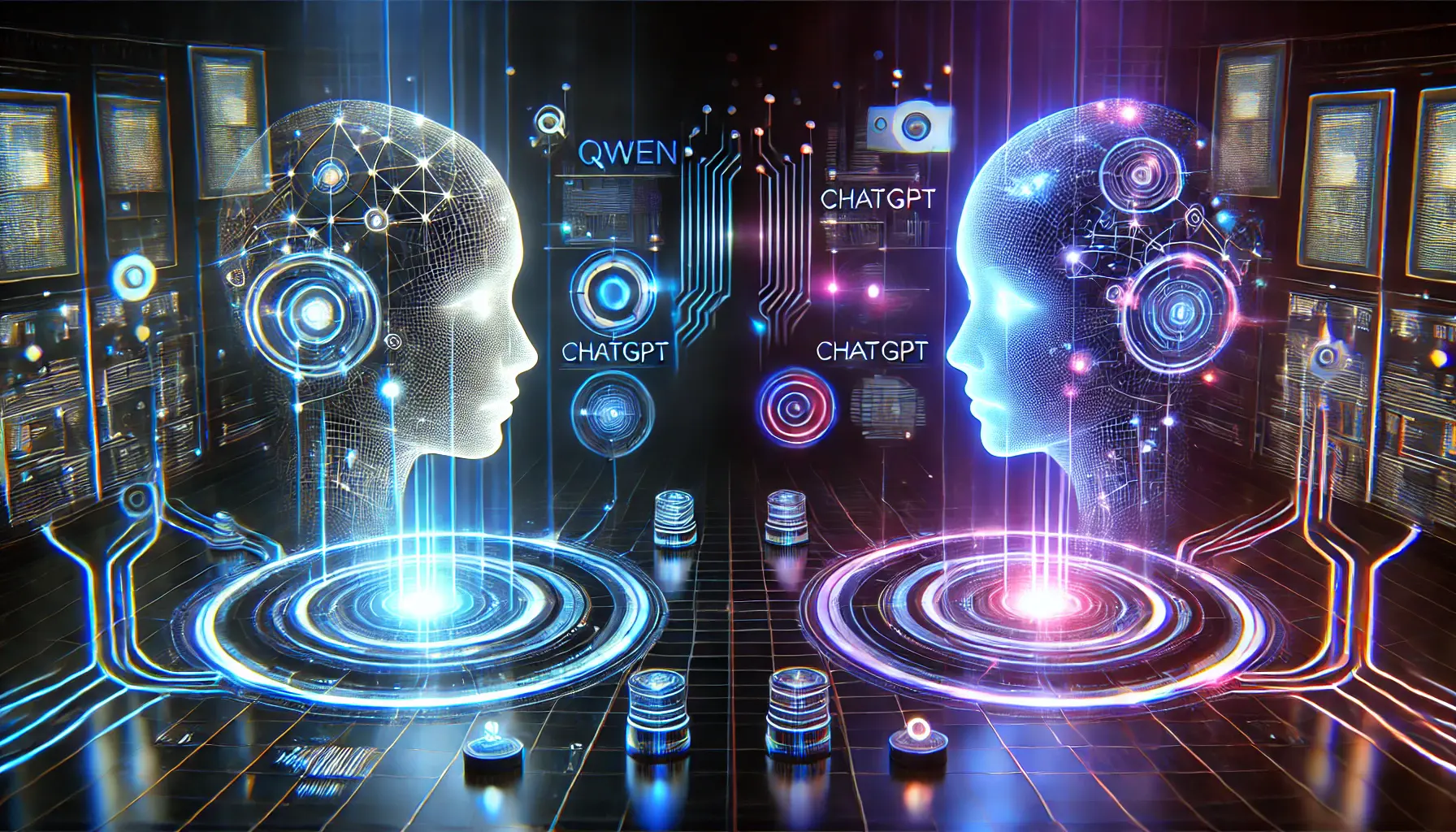 A high-tech digital comparison of Qwen and ChatGPT represented as glowing neural networks connected by data streams.