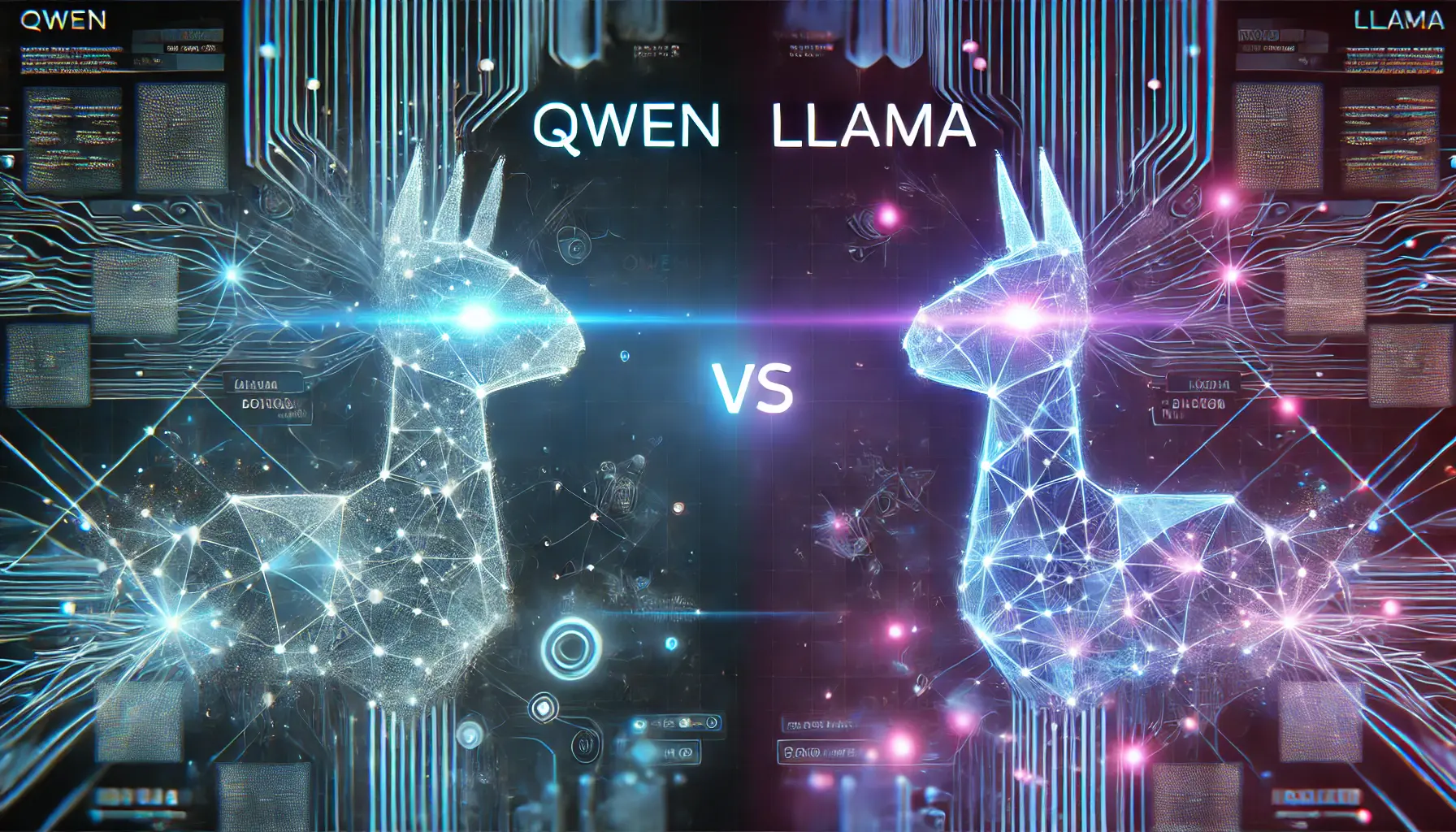 A high-tech digital comparison of Qwen and Llama represented as glowing neural networks connected by intricate data streams.