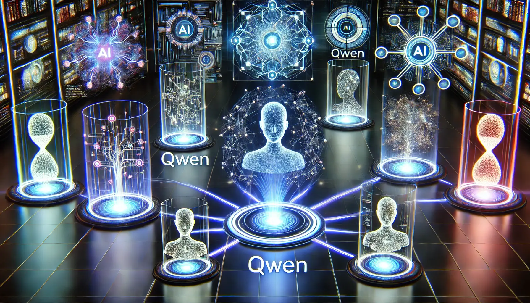 A high-tech digital environment comparing Qwen with other top AI models, featuring glowing neural networks interconnected by data streams.