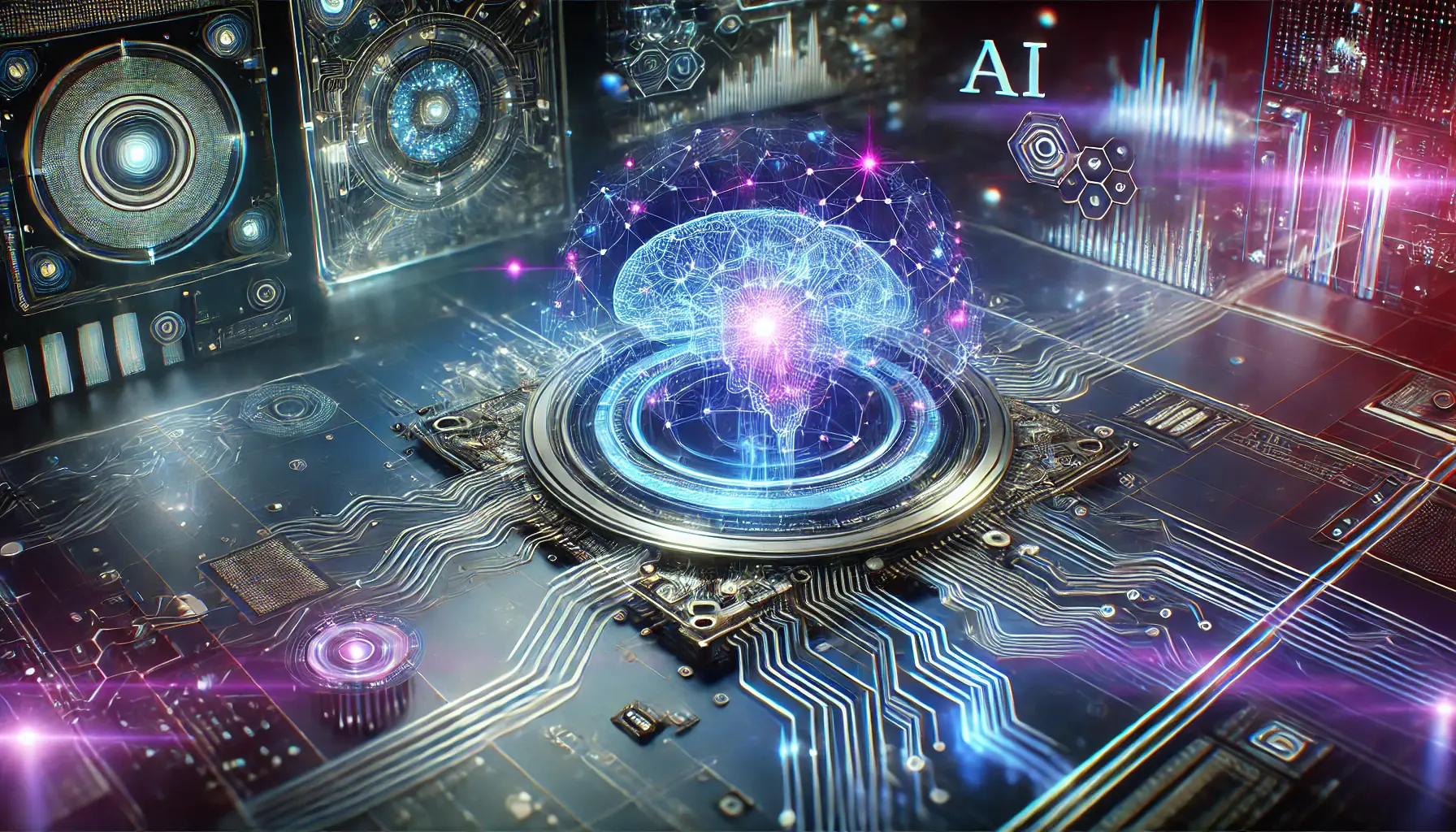 A high-tech AI core surrounded by glowing neural networks, floating data streams, and holographic displays.