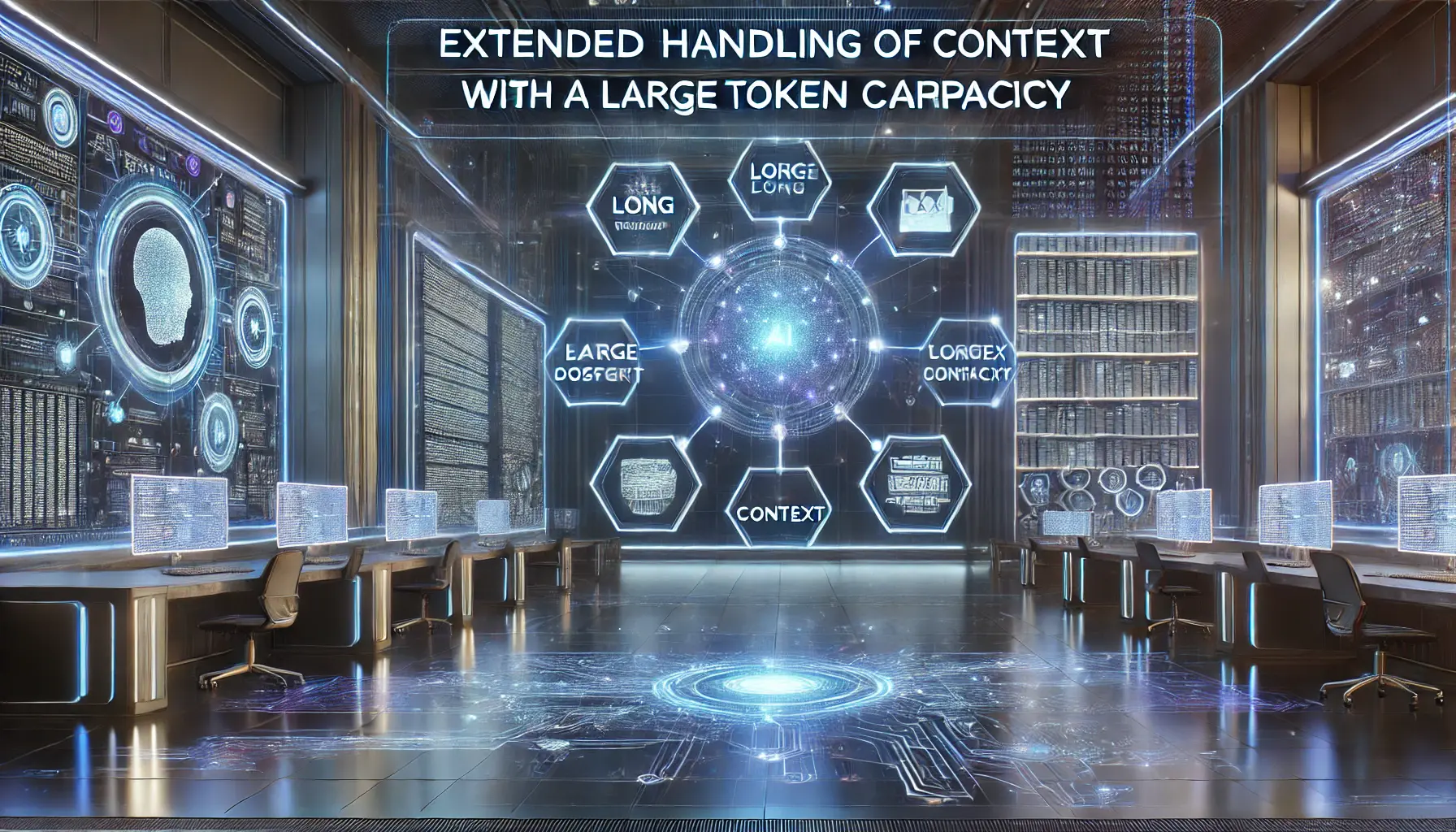 A high-tech digital interface showing AI processing long documents and complex data streams, interconnected by a glowing neural network.