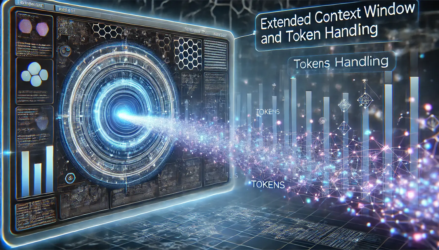 A high-tech AI interface analyzing a continuous stream of glowing data fragments, representing tokens, with a holographic timeline extending infinitely.