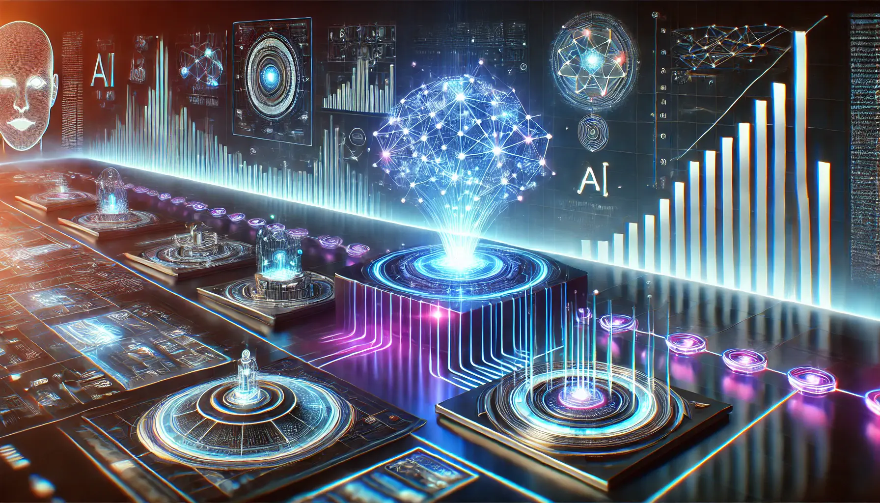 A high-tech visualization of AI evolution, featuring a glowing neural network, holographic data charts, and digital nodes.