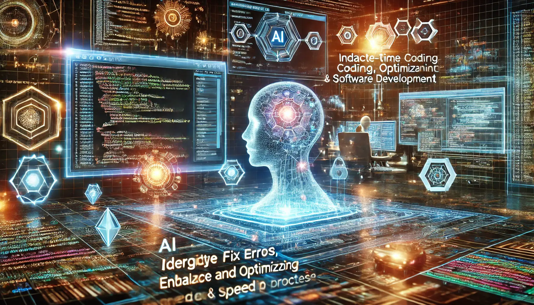 An advanced AI system optimizing coding and software development with glowing data streams and holographic representations of code.