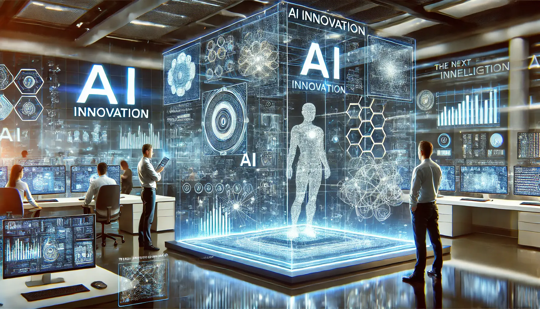 A high-tech AI innovation lab featuring engineers and researchers interacting with advanced AI systems, holographic displays showcasing neural networks, and real-time data analytics.