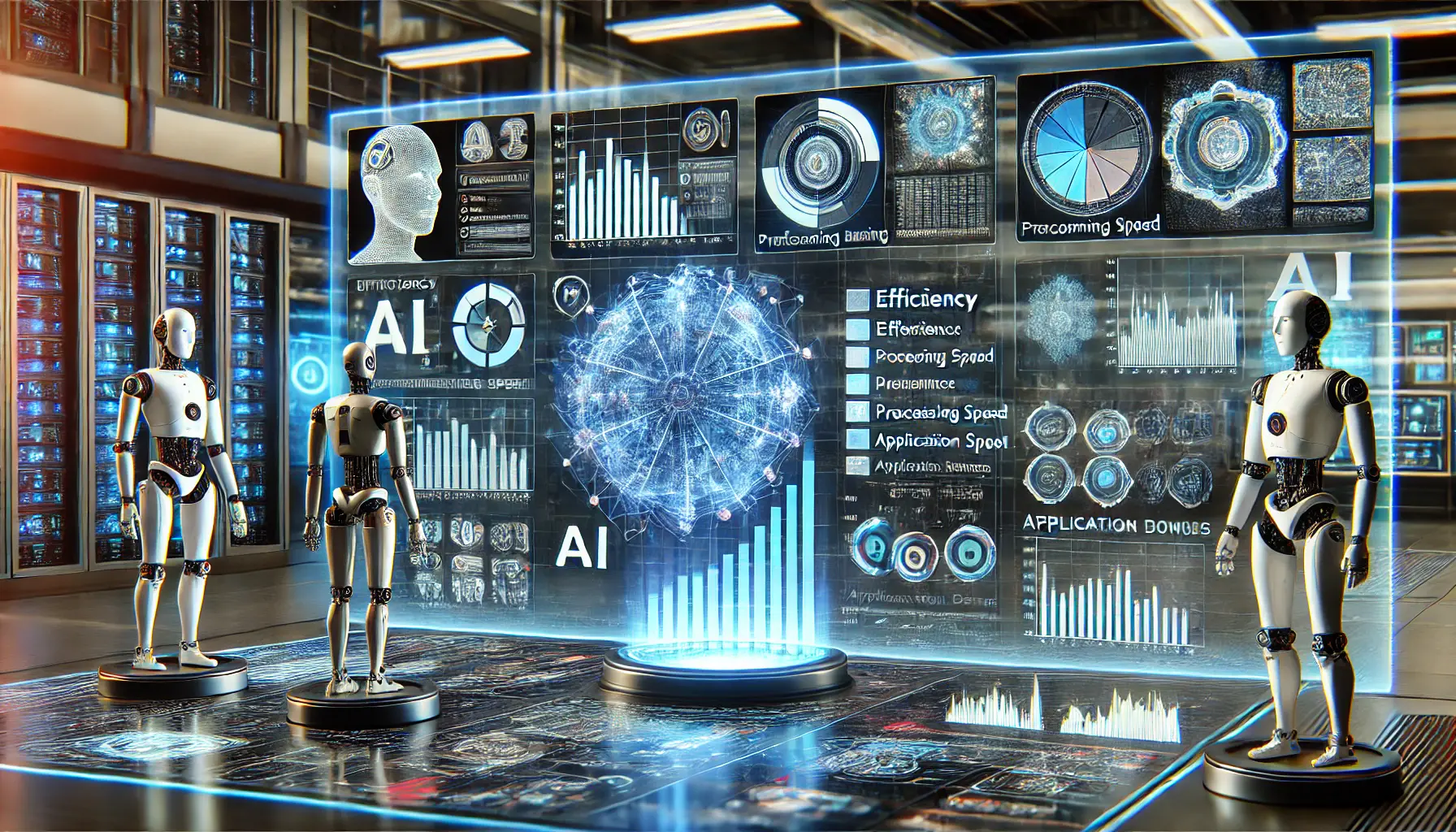 A high-tech laboratory with holographic displays comparing different AI models, showcasing performance metrics and capabilities.