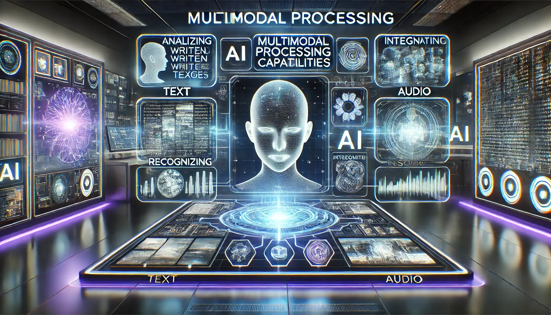 A high-tech digital interface showcasing AI analyzing text, recognizing images, and interpreting sound waves, interconnected by a glowing neural network.