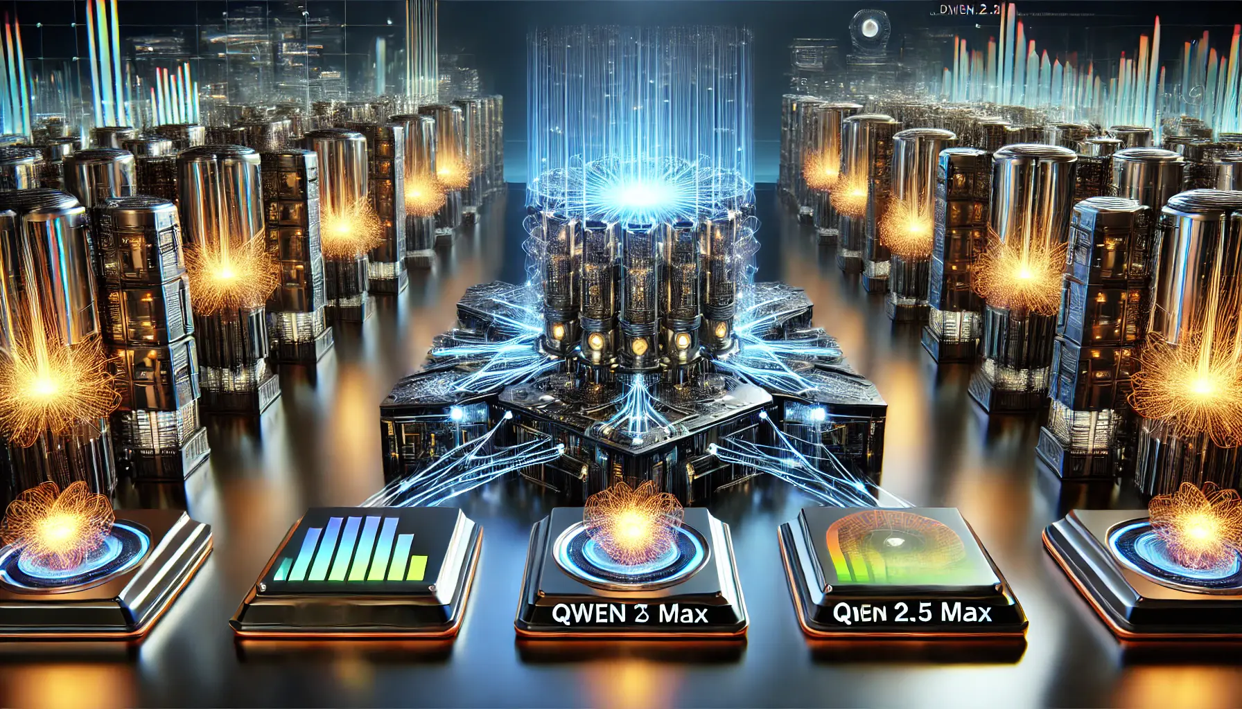 A high-tech AI performance comparison showcasing Qwen 2.5 Max and its competitors with glowing neural networks.