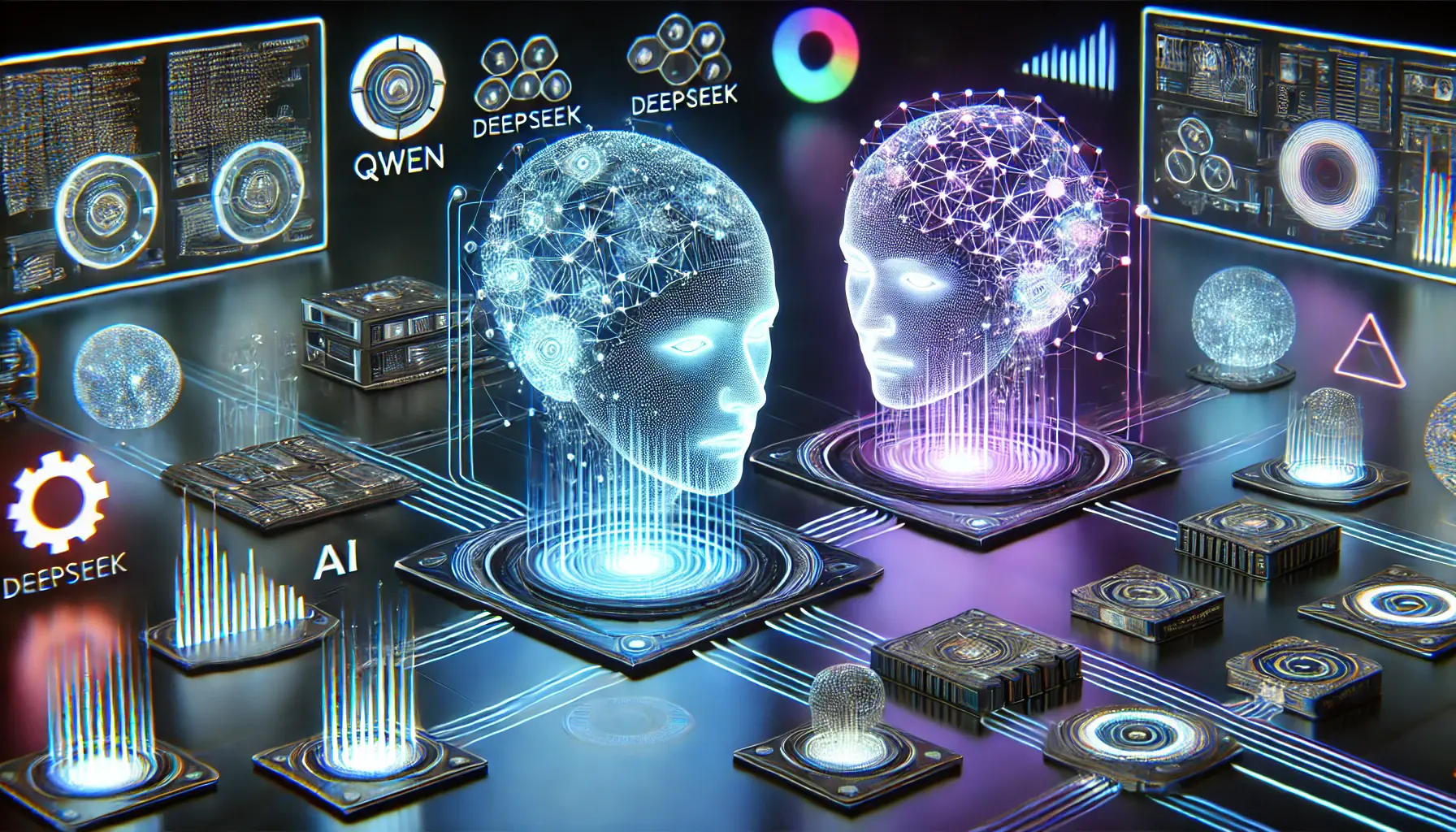 A high-tech digital comparison of two AI models, Qwen and DeepSeek, represented as glowing neural networks connected by dynamic data streams.