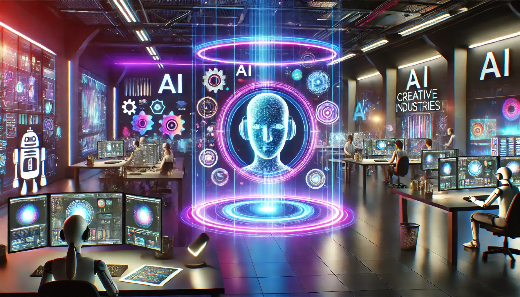 A high-tech digital workspace where AI assists in creating art, design, and content, with holographic screens displaying digital artwork and 3D designs.