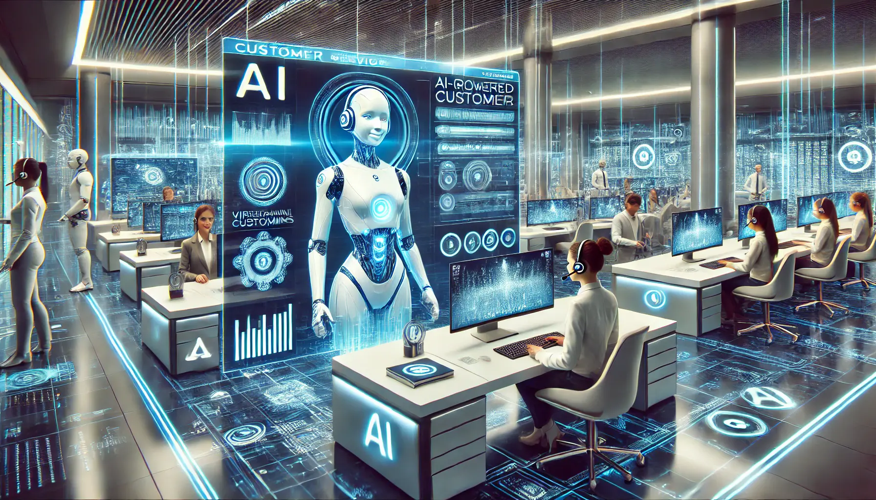 A modern customer service center with AI-powered automation, featuring digital screens displaying AI-generated insights and a holographic virtual assistant.