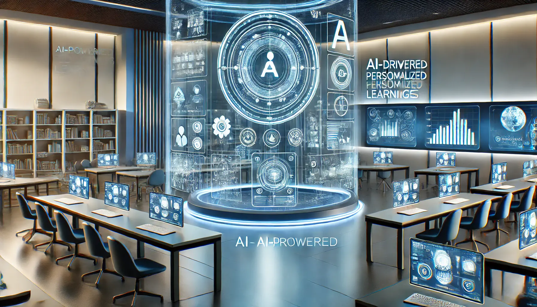 A high-tech digital classroom featuring AI-driven personalized learning with holographic screens displaying interactive content and virtual tutors.