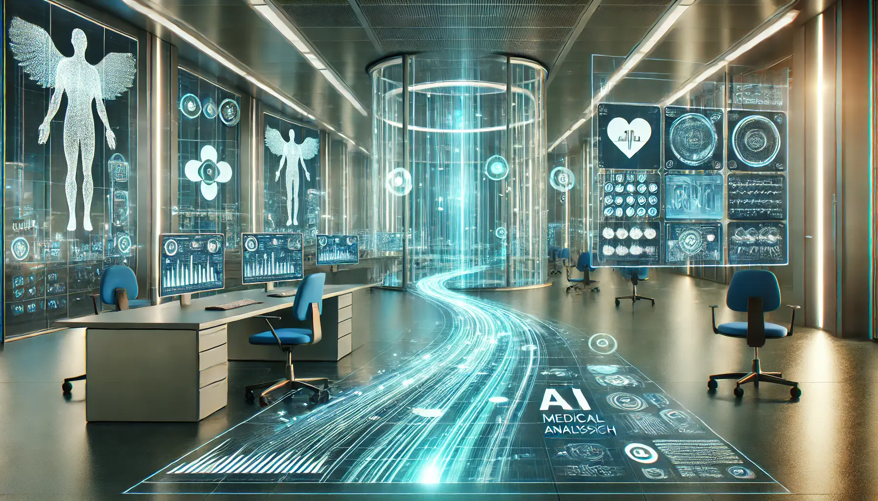 A high-tech digital healthcare facility with holographic displays showing patient data analysis and AI-assisted diagnostics.