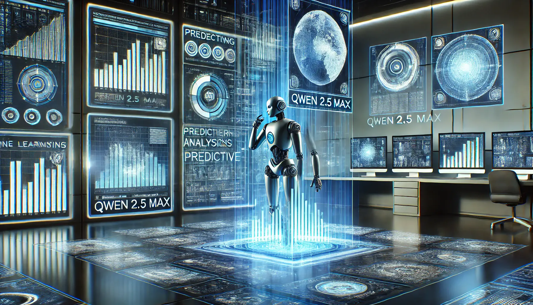 A futuristic digital workspace with holographic screens displaying predictive analytics and machine learning algorithms, featuring a robotic AI assistant interacting with data.