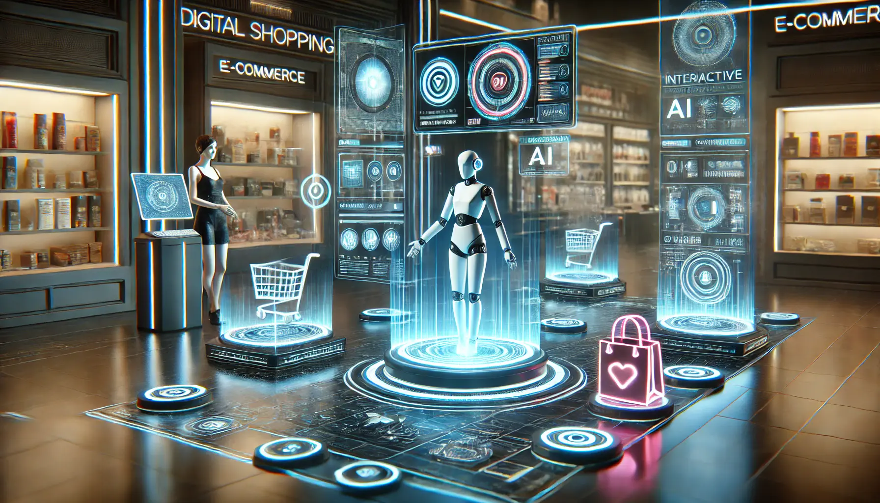 A high-tech digital shopping interface with holographic product displays, AI-driven recommendations, and a virtual assistant guiding customers.