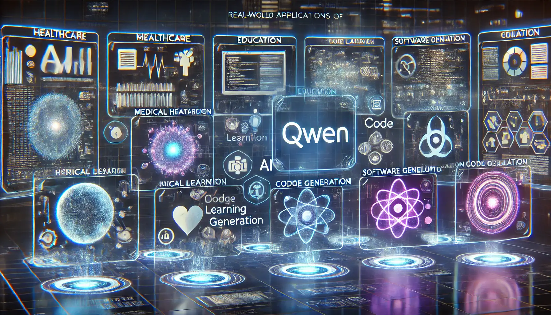 A high-tech digital interface showcasing Qwen's real-world applications across various industries like healthcare, education, software development, and creative industries.