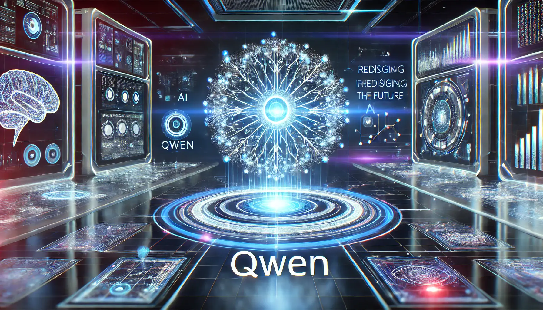 A high-tech digital environment featuring Qwen as a glowing neural network, surrounded by futuristic AI systems and holographic data displays.