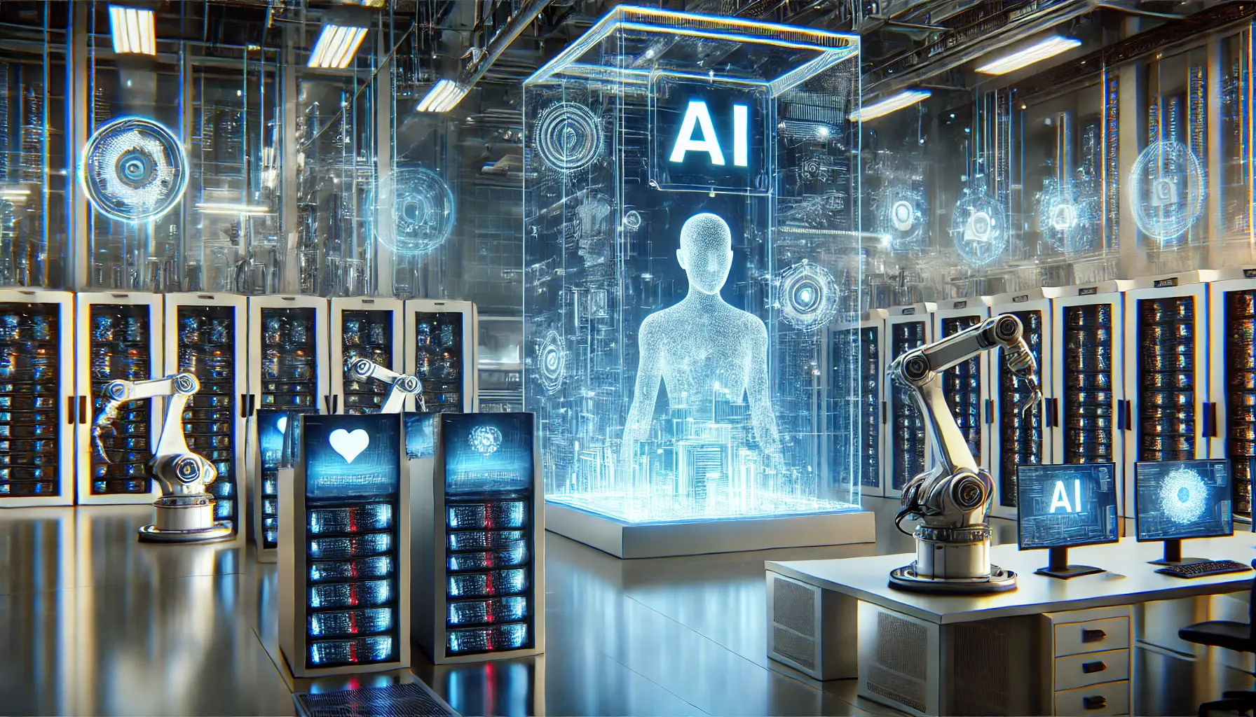 A high-tech AI research facility with holographic data displays, robotic arms assembling microchips, and an advanced server room.