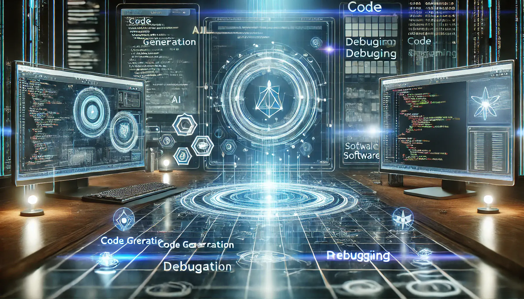 A high-tech digital environment showcasing an AI-powered software development workspace with holographic screens displaying code generation and debugging.