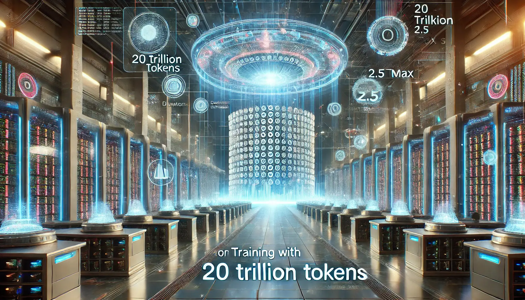 A high-tech AI data center with glowing data streams representing the scale of training with 20 trillion tokens.