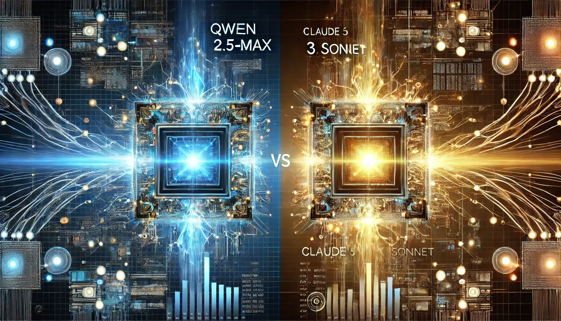 A high-tech digital visualization comparing Qwen 2.5-Max and Claude 3.5 Sonnet, represented as glowing processors connected by data streams in a futuristic environment.