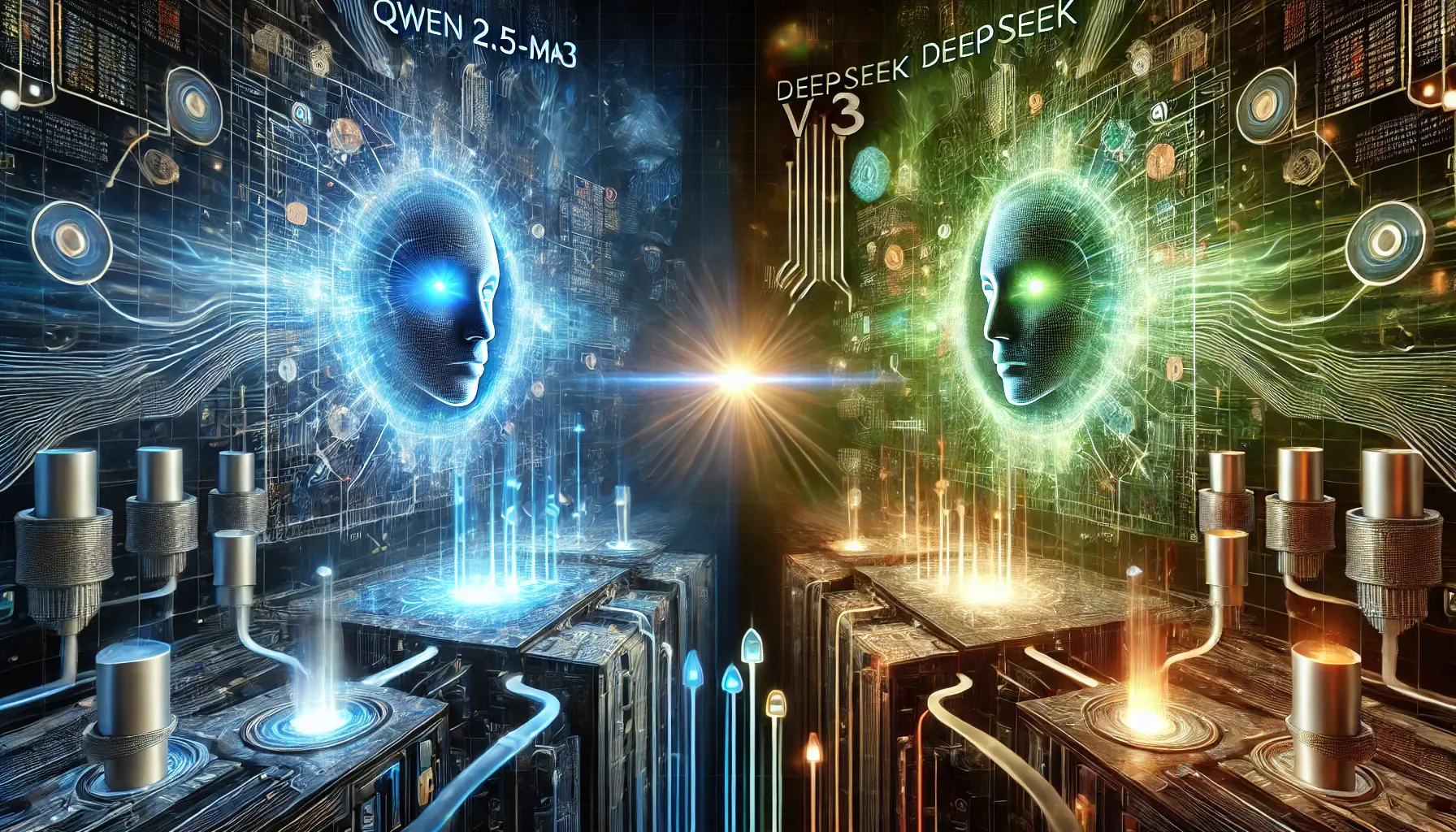 A high-tech digital visualization comparing Qwen 2.5-Max and DeepSeek V3, represented as glowing processors connected by data streams in a futuristic environment.