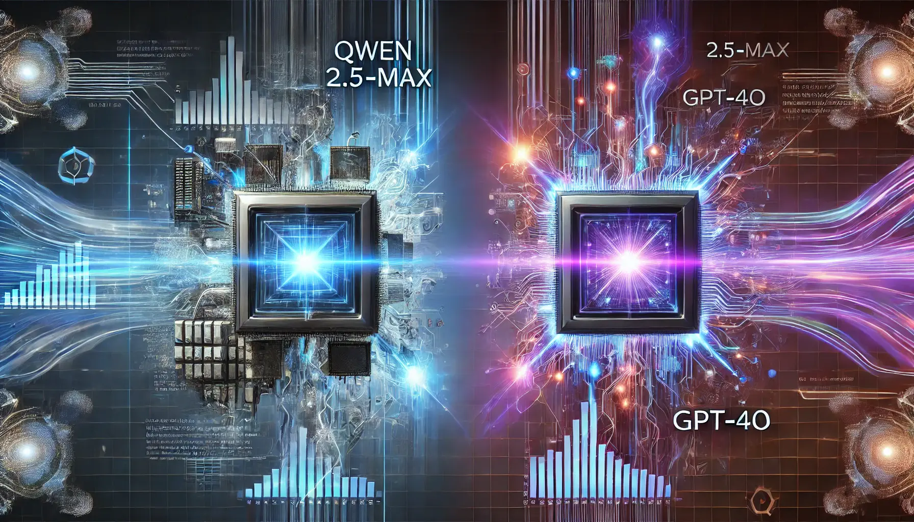 A high-tech digital visualization comparing Qwen 2.5-Max and GPT-4o, represented as glowing processors connected by data streams in a futuristic environment.