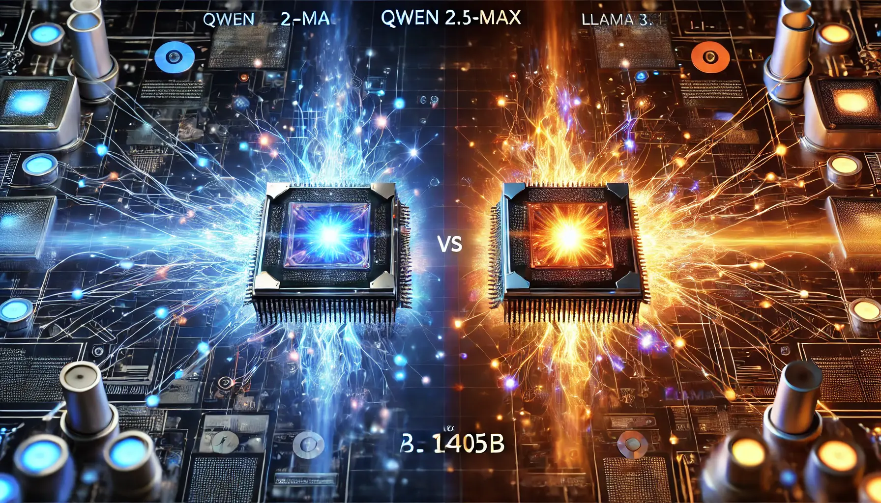 A high-tech digital visualization comparing Qwen 2.5-Max and Llama 3.1-405B, represented as glowing processors connected by data streams in a futuristic environment.