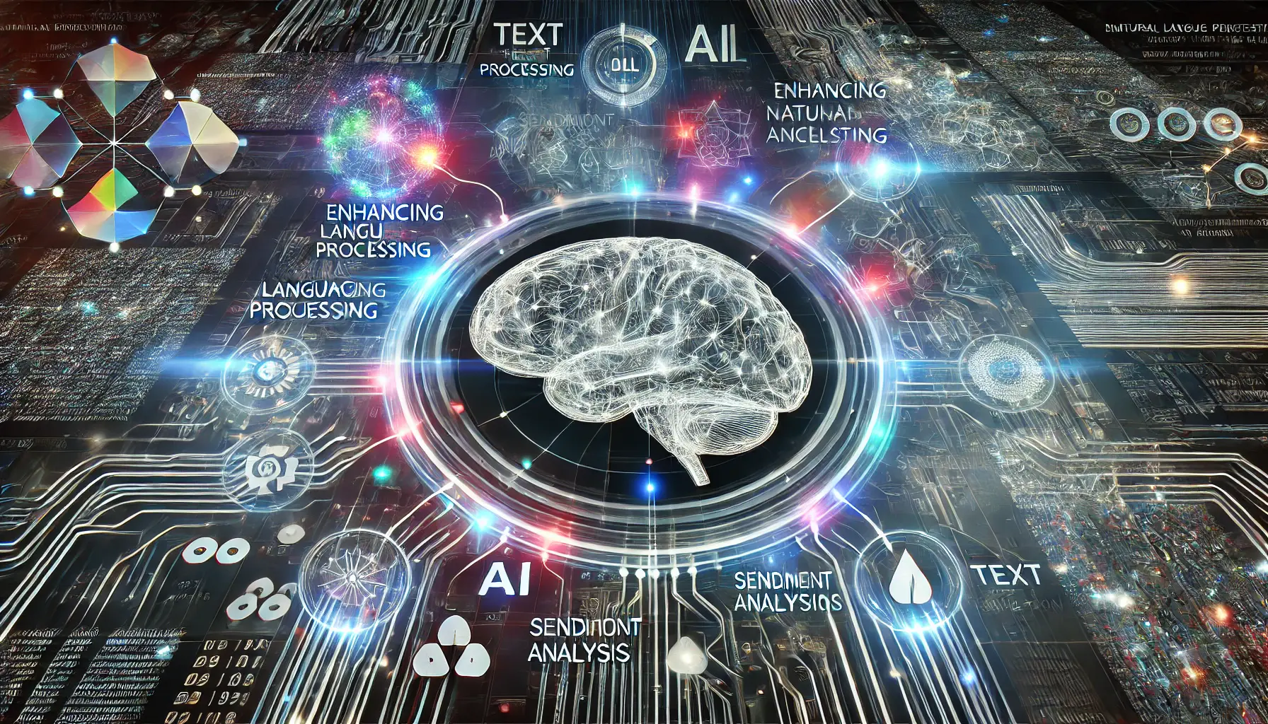 A high-tech digital representation of enhancing natural language processing operations with a holographic brain model and glowing data streams representing text processing, sentiment analysis, and language translation.