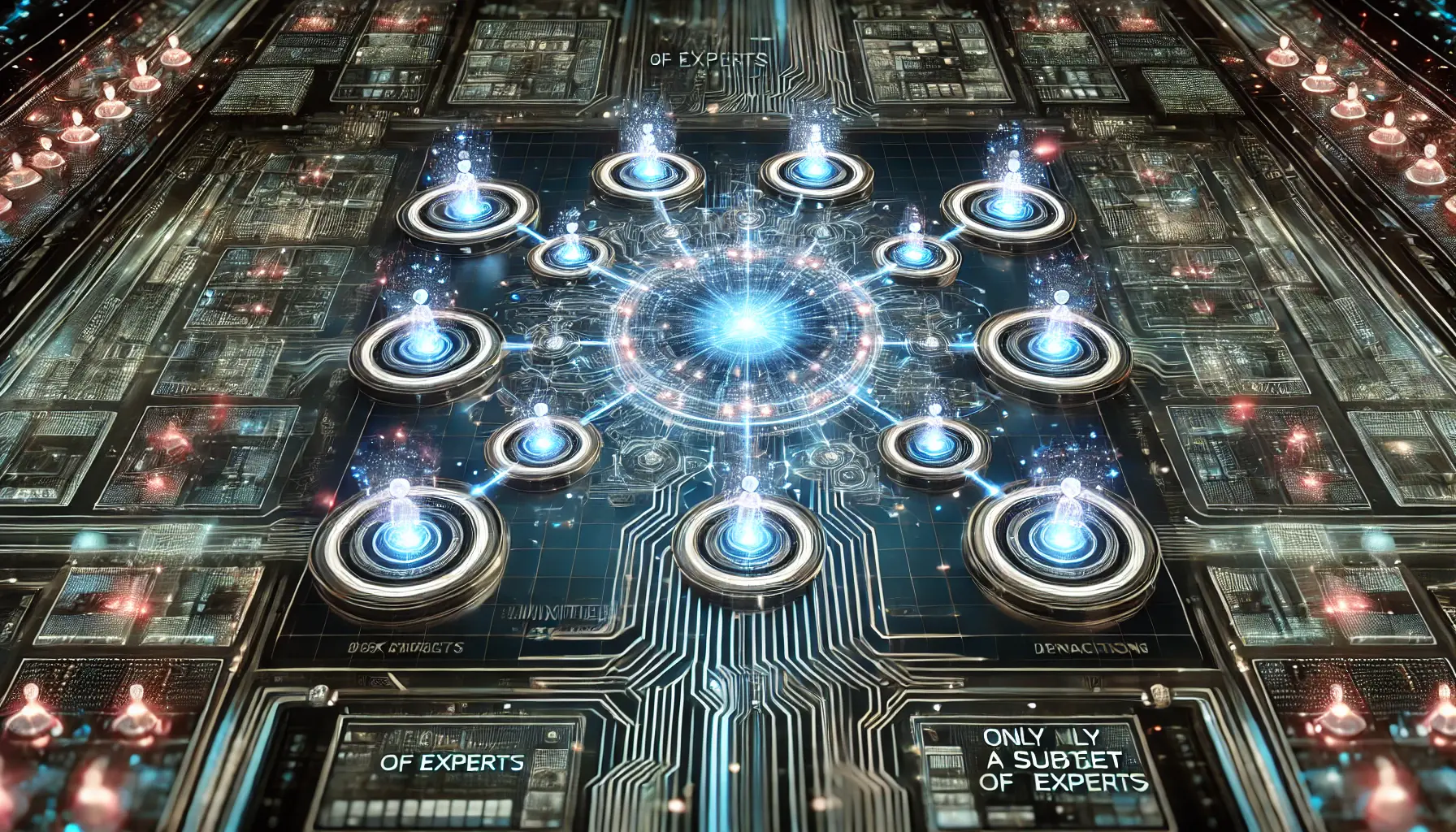 A digital representation of the Mixture-of-Experts (MoE) model featuring multiple glowing expert nodes and a central processing unit that selectively activates certain experts.