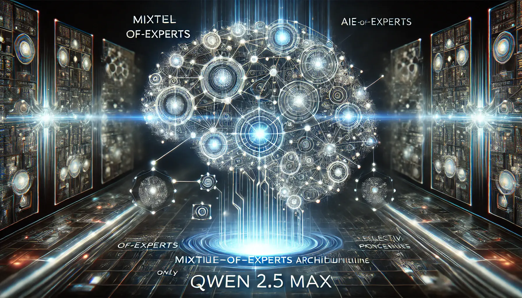 A high-tech AI network with interconnected nodes dynamically activating expert pathways, showcasing the Mixture-of-Experts architecture in Qwen 2.5 Max.