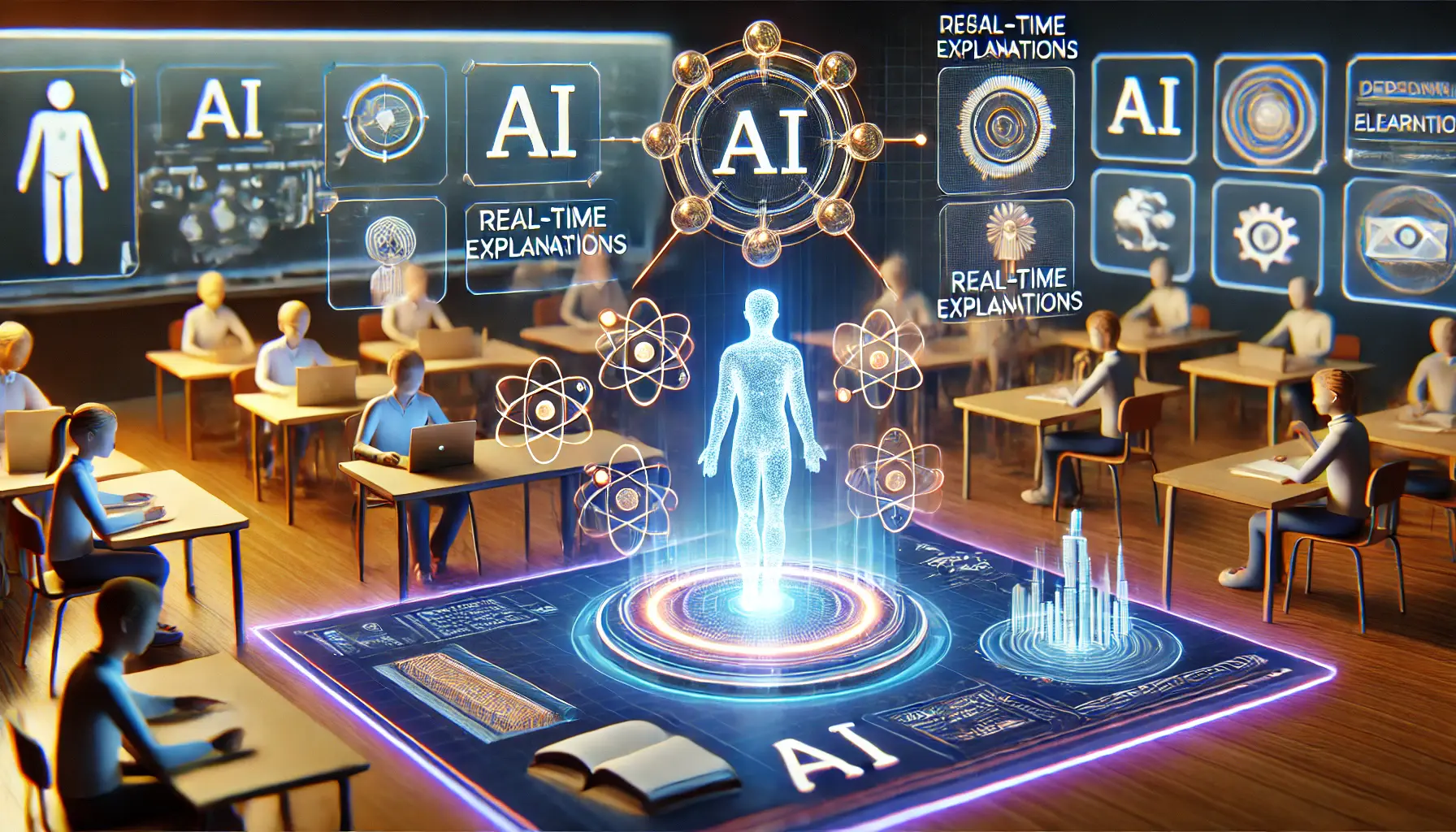 A high-tech digital visualization of AI applications in educational tools, featuring an interactive holographic classroom with a glowing student figure and AI tutor.