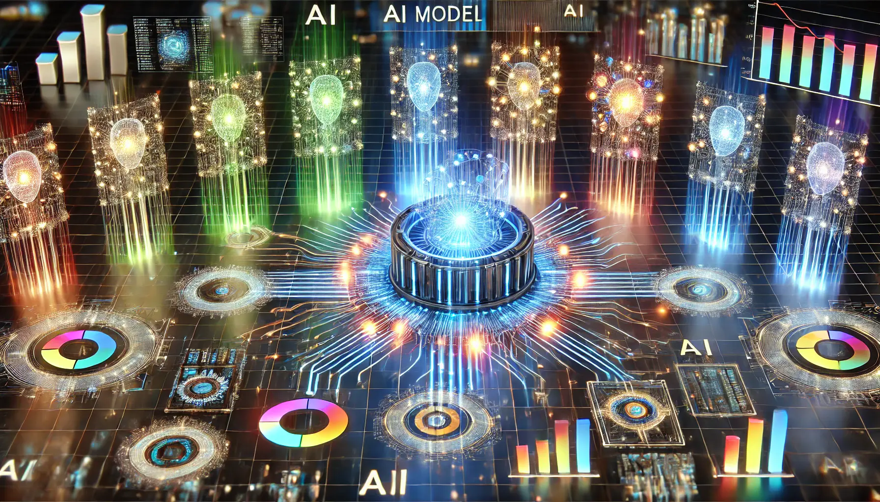 A high-tech digital visualization comparing the performance of multiple AI models, with glowing processors connected to a central data hub.