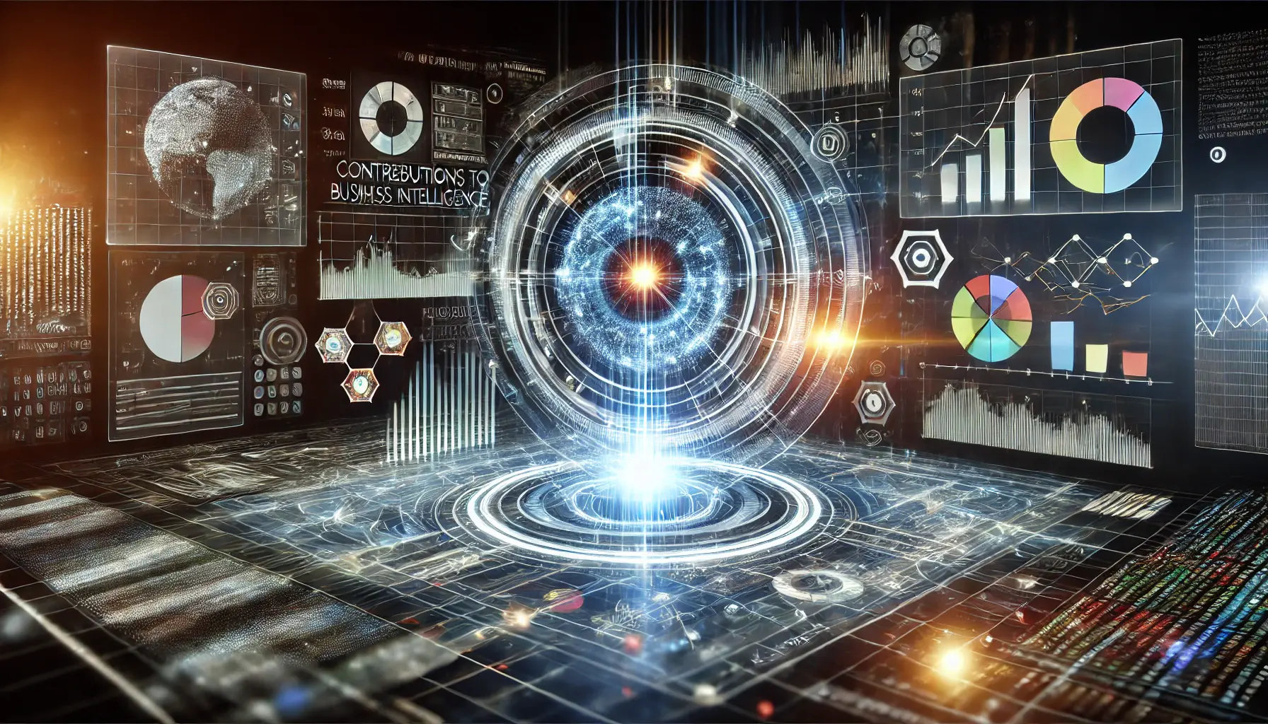 A high-tech digital visualization showing holographic data analysis elements like graphs and charts, symbolizing business intelligence and AI-driven data insights.