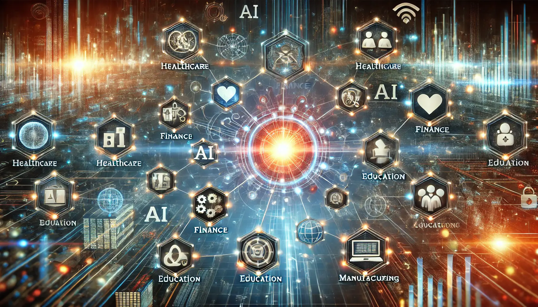 A high-tech digital visualization representing emerging AI applications across various industries, such as healthcare, finance, and education.