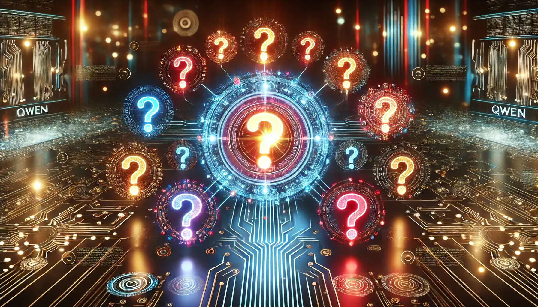 A high-tech digital visualization symbolizing frequently asked questions about Qwen, with a glowing AI core and interconnected question mark symbols.