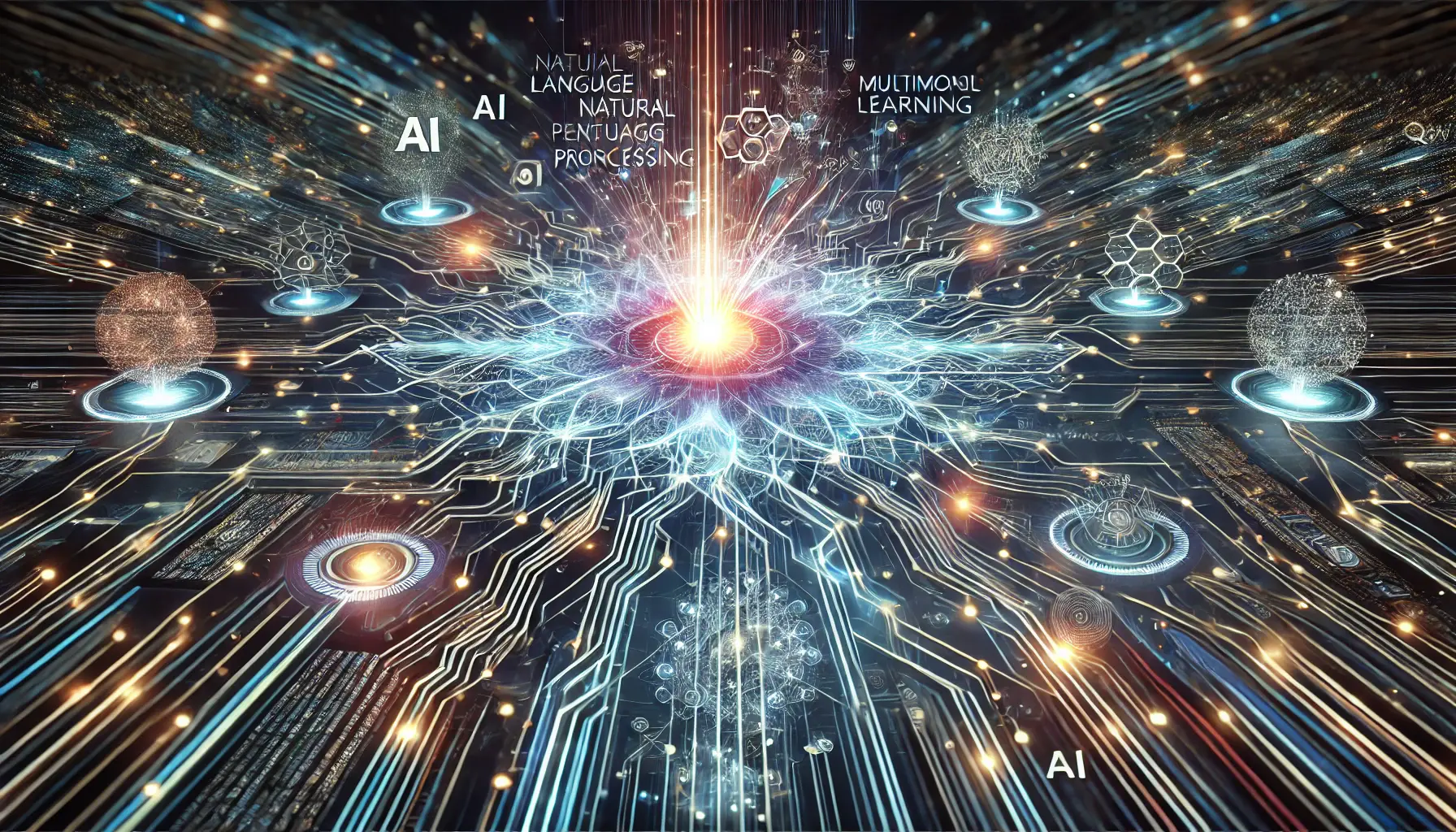 A high-tech digital visualization of the key findings of Qwen's advancements, featuring a glowing AI core and branching neural networks representing various AI improvements.