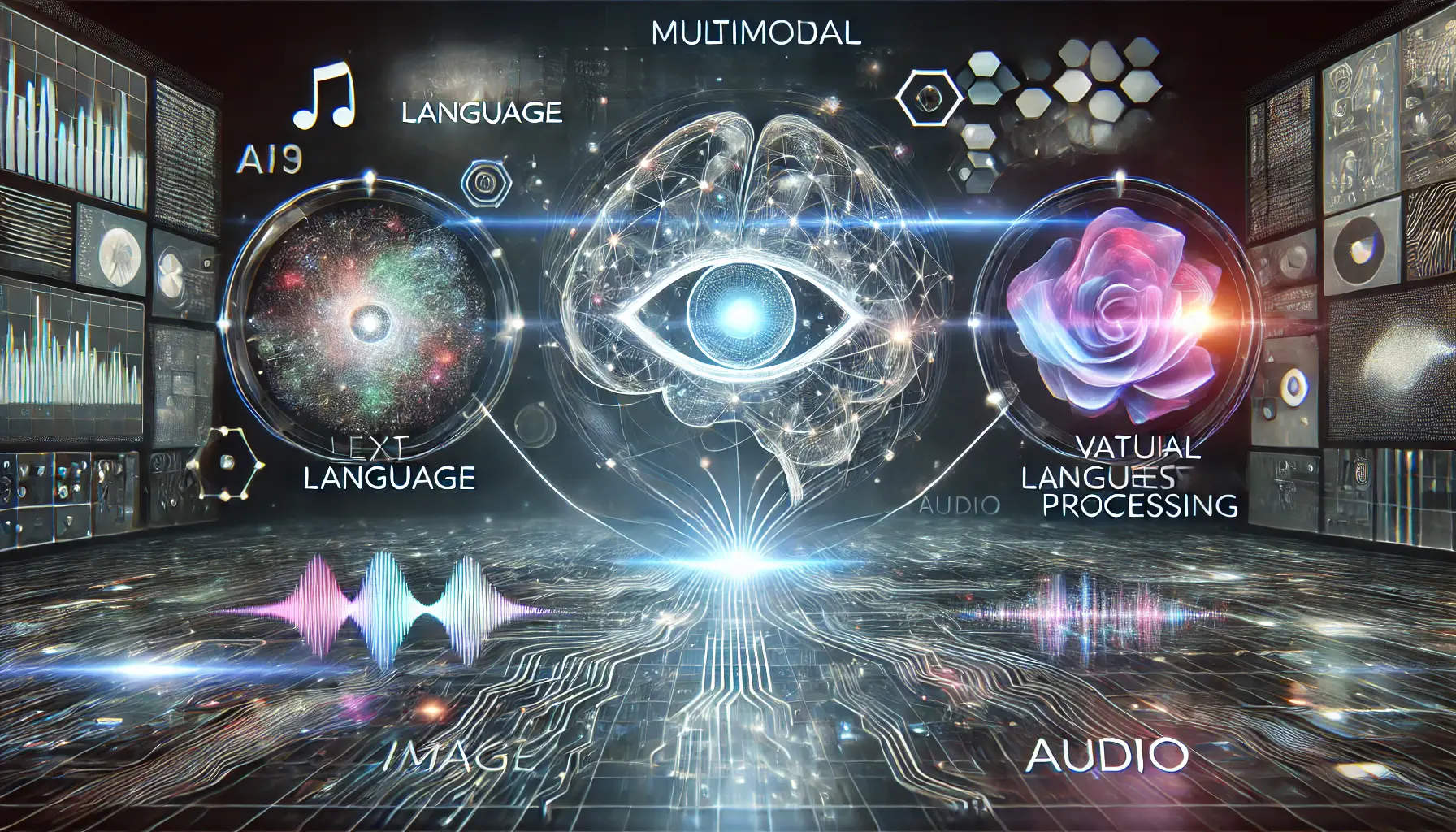 A digital representation of multimodal AI capabilities showing interconnected holographic elements for text, image, and audio processing.