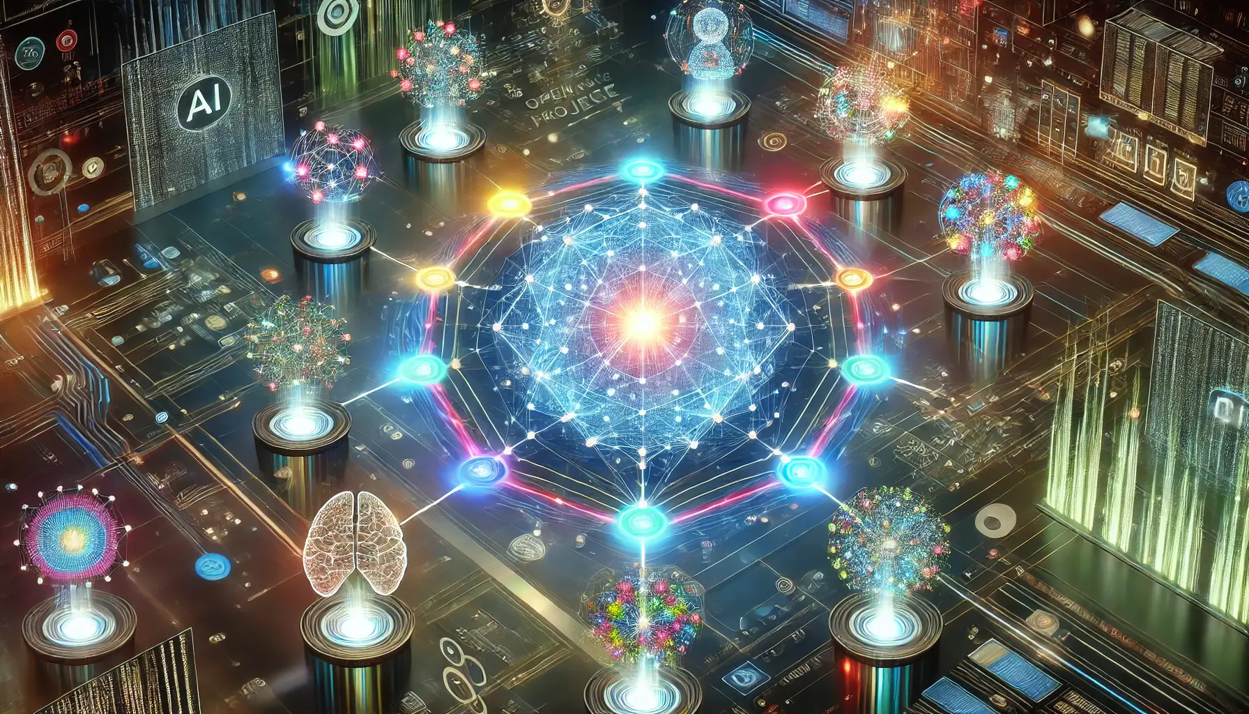 A high-tech digital visualization of open-source projects and community involvement, with interconnected holographic nodes and a central AI core.