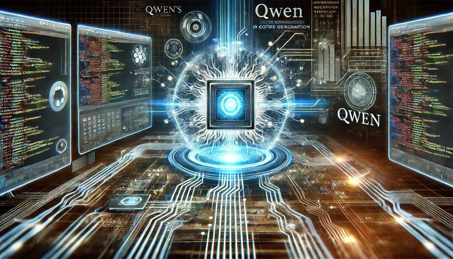 A high-tech digital visualization of Qwen's role in code generation, featuring a glowing AI processor surrounded by code snippets and holographic development elements.