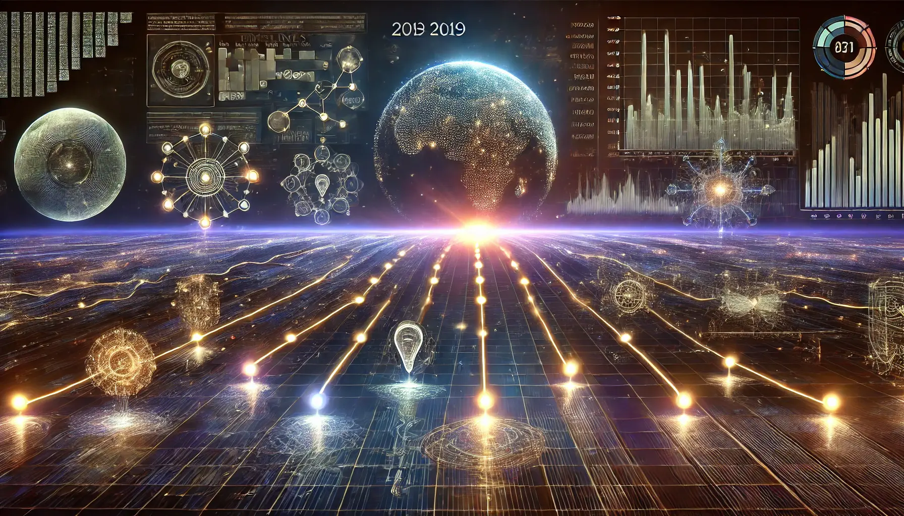 A futuristic timeline visualization showcasing key milestones in AI model development with glowing data points connected by a neural circuit, set against a digital landscape.