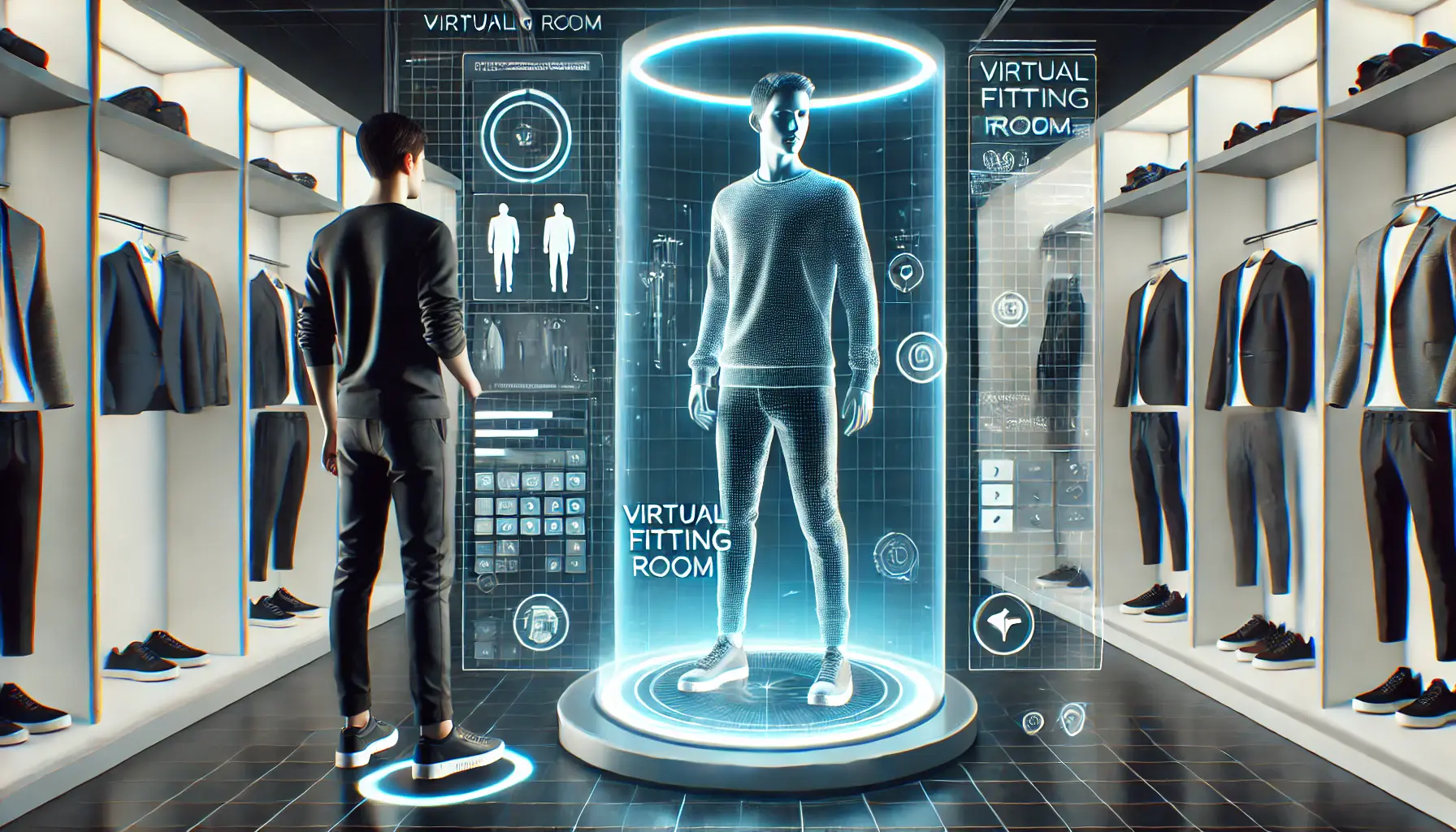 A person using a virtual mirror in a futuristic fitting room to try on clothes in a 3D digital environment with interactive features.