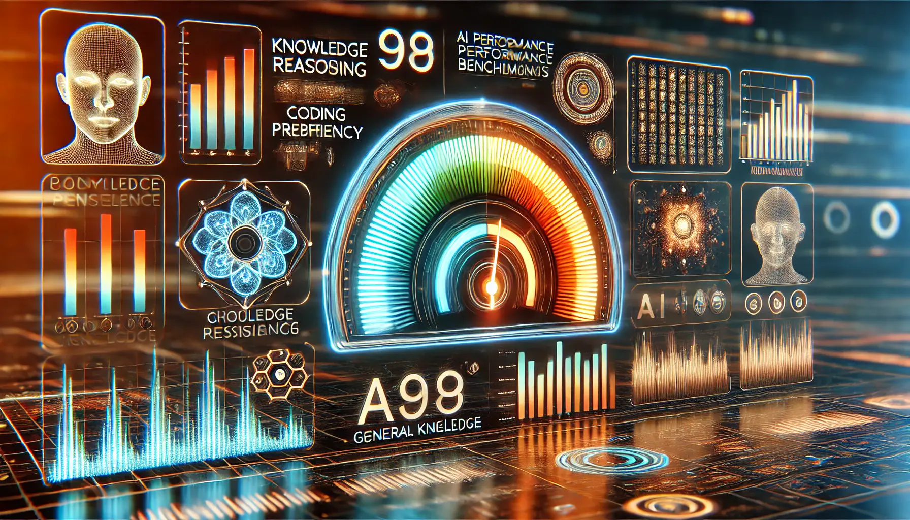 A high-tech representation of AI performance benchmarks with a glowing digital gauge and dynamic data visualizations like glowing charts and graphs.